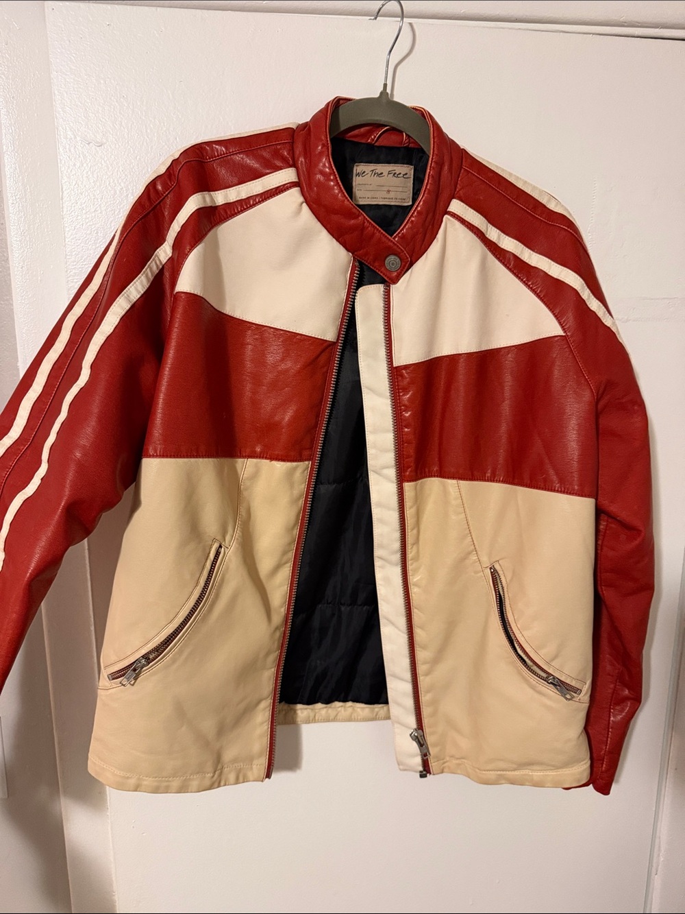 We The Free Red & Cream Vegan Leather Moto Jacket, size small